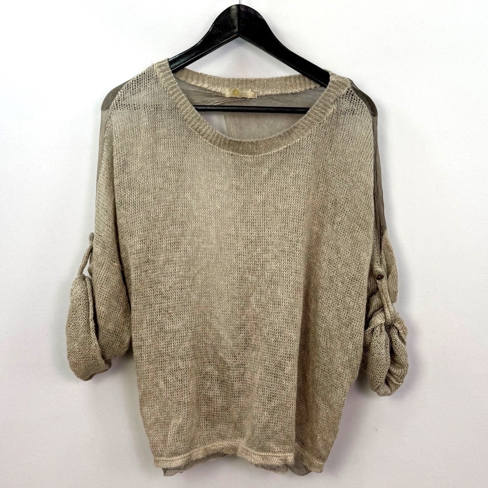 Made in Italy Taupe Open Knit Mixed Media Open Back Knot Hem Sweater XL